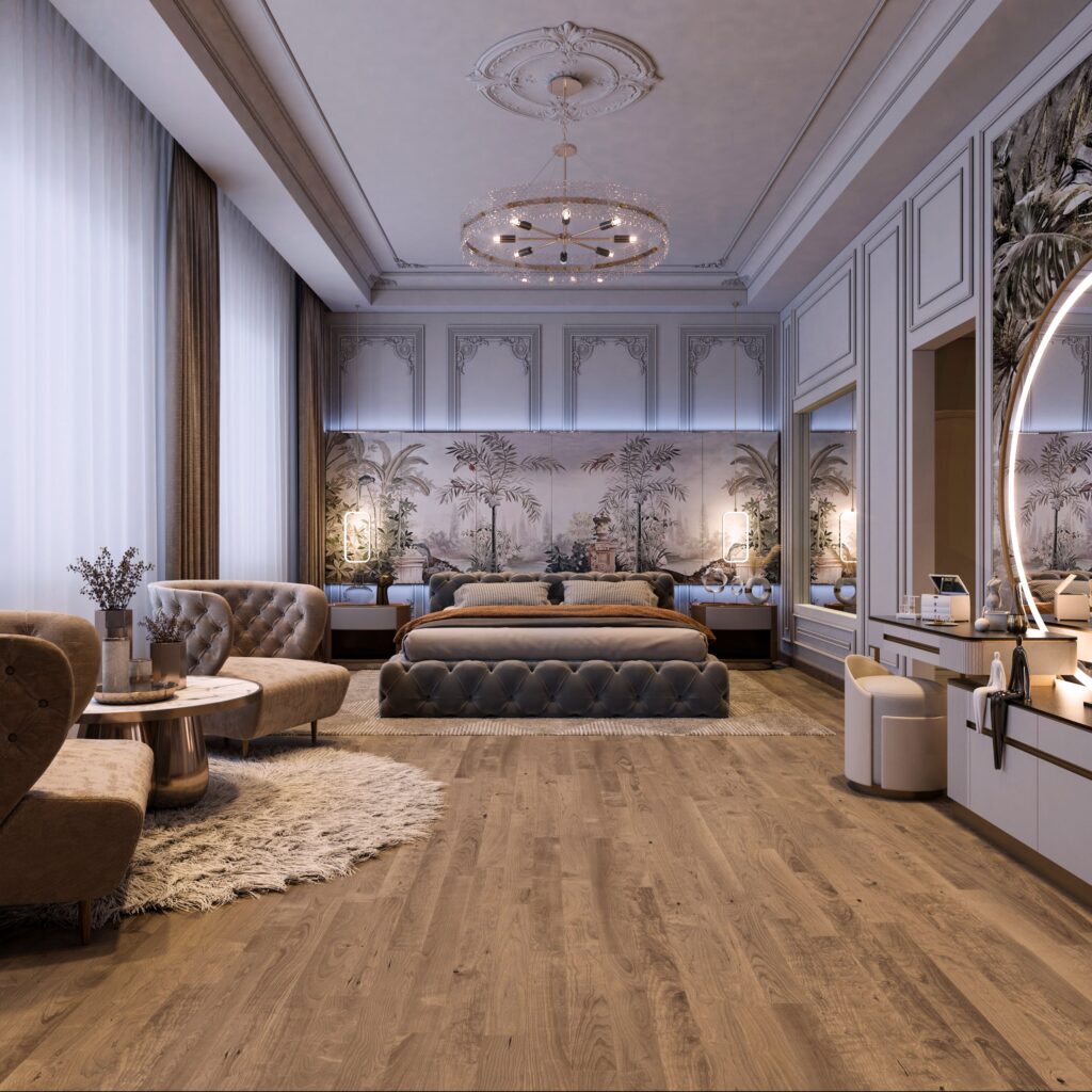 تصميم غرفة نوم رئيسية نيو كلاسيك مع خلفية ورق حائط شجري وتفريد إضاءة - فتحي حسني للتصميم الداخلي