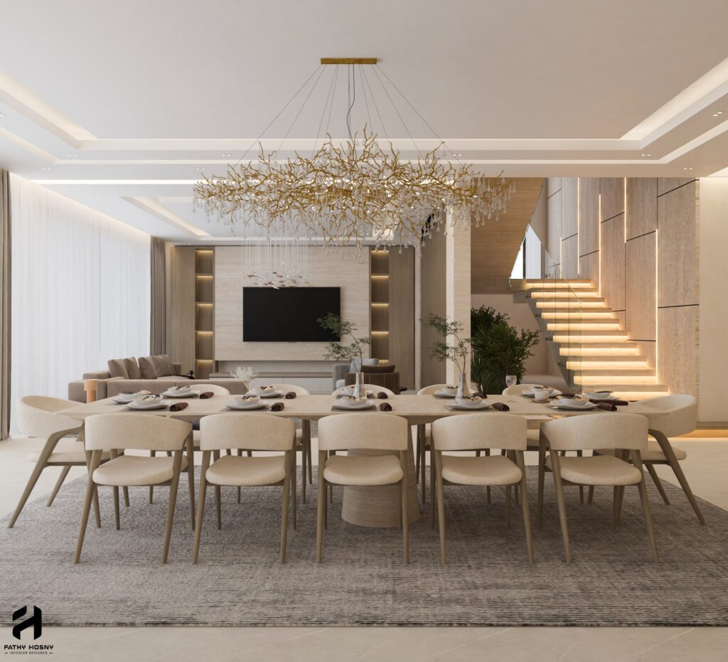 تصميم داخلي غرفة طعام مودرن مع نجفة كريستال - Modern Dining Room Interior Design Fathy Hosny