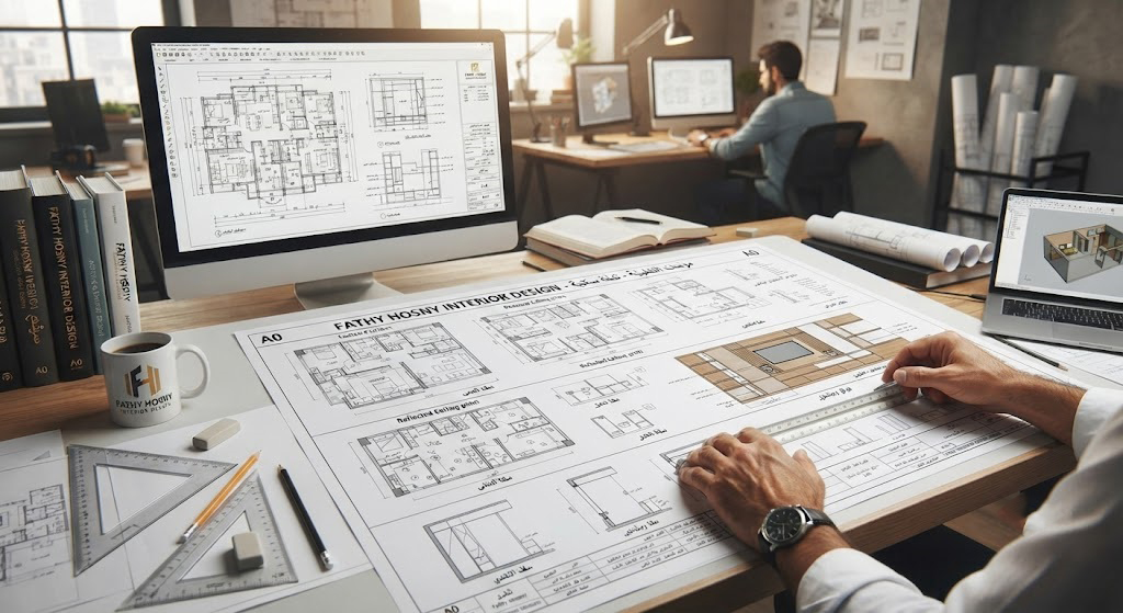 لوحات تنفيذية هندسية ومخططات تفصيلية لشقة سكنية ضمن خطوات التصميم الداخلي