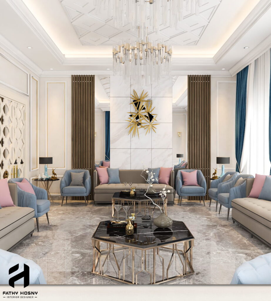 تصميم داخلي مجلس نساء نيوكلاسيك فخم للفلل في السعودية والإمارات والكويت - زاوية أولى