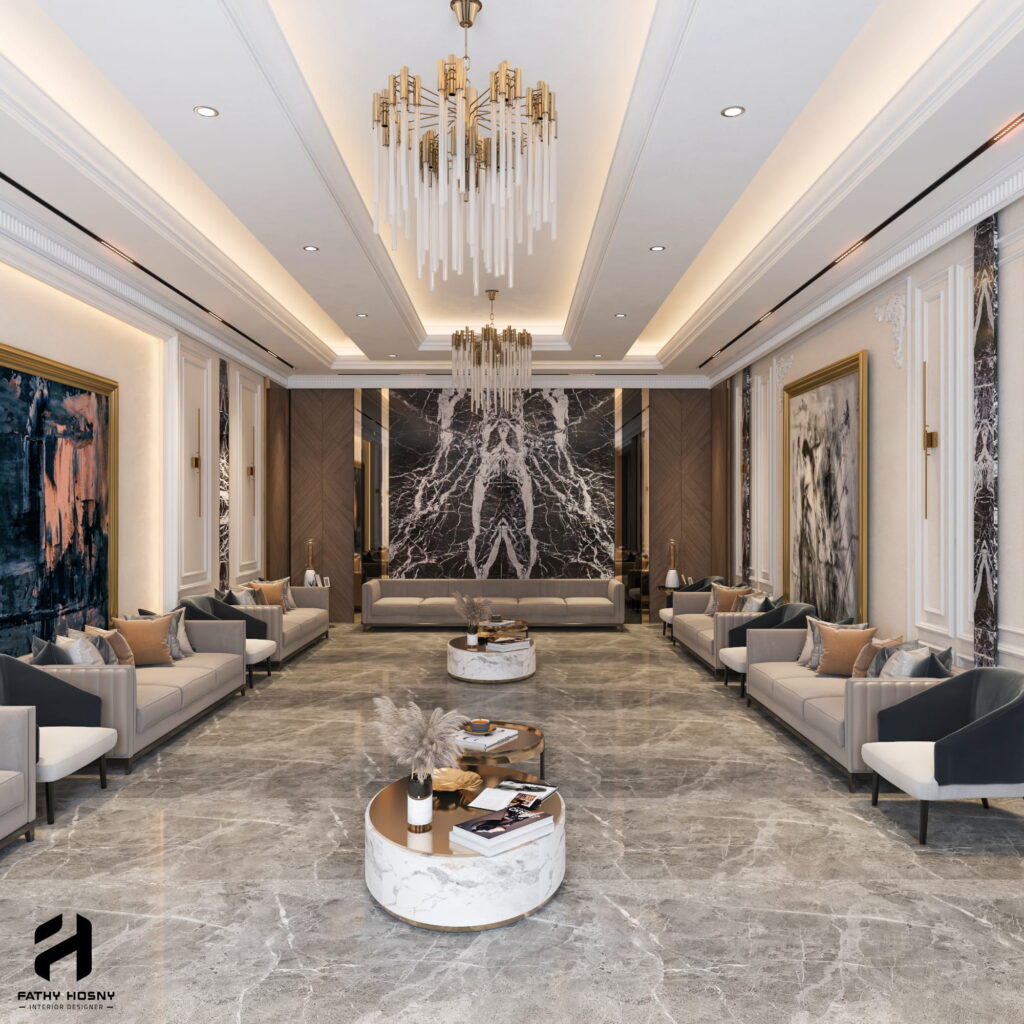 تصميم داخلي مجلس رجال نيوكلاسيك فخم للفلل في الإمارات والسعودية والكويت