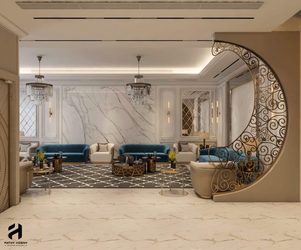 تصميم داخلي مجلس رجال سعودي نيوكلاسيك راقي للفلل الفخمة في الرياض والدمام والكويت