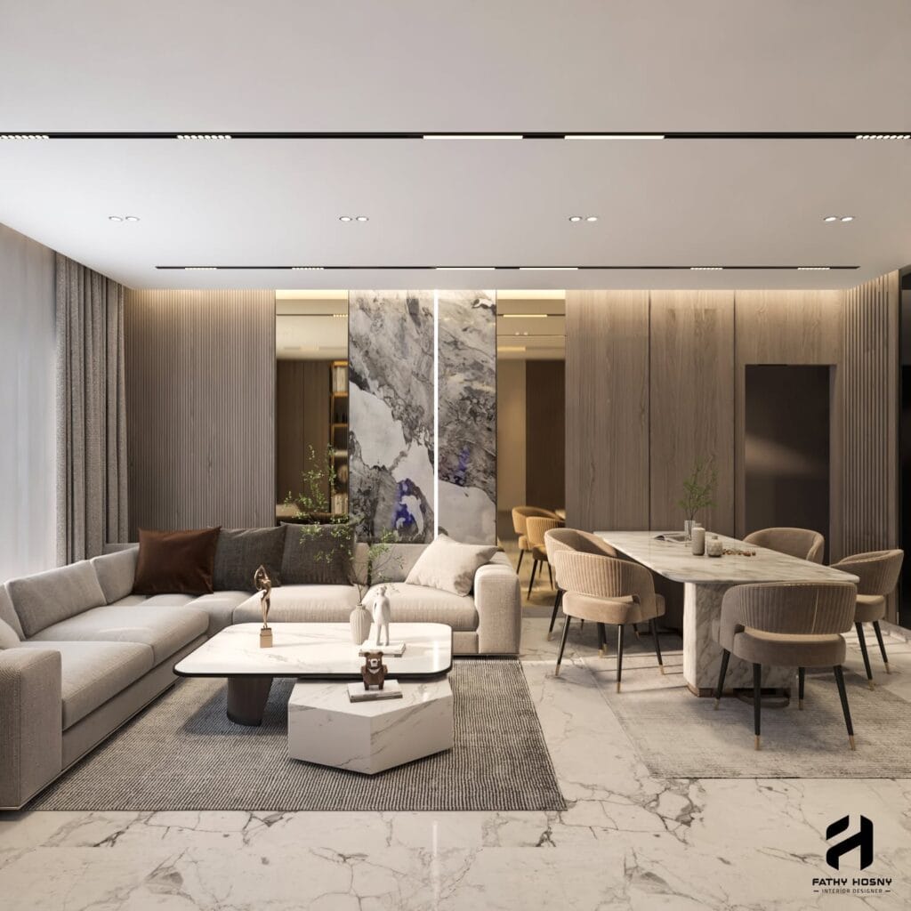 تصميم ريسبشن وسفرة مودرن لشقة 75 متر مع استغلال ذكي للمساحات وتكسيات خشبية ورخام