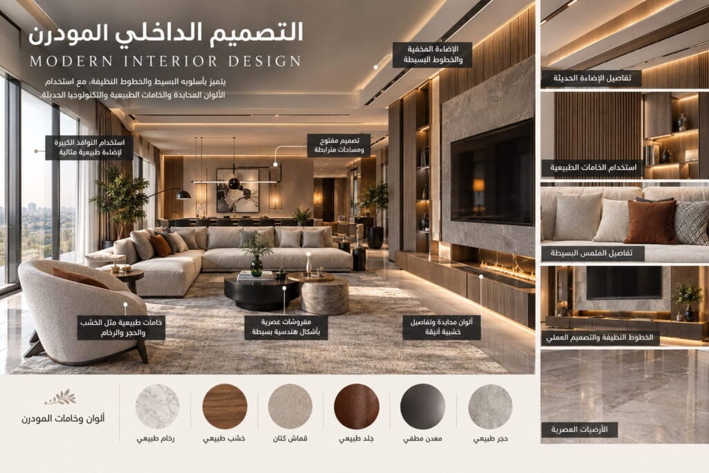 أنواع التصميم الداخلي المودرن مع خامات الخشب والرخام الطبيعي