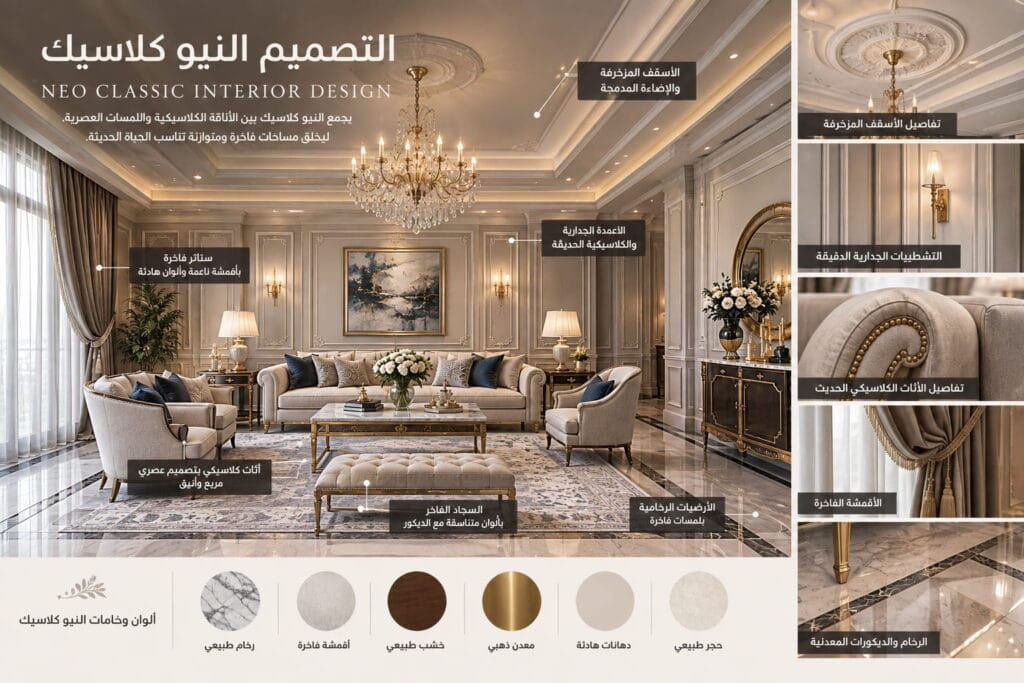 أنواع التصميم الداخلي النيو كلاسيك والبانوهات الجدارية والأثاث الراقي