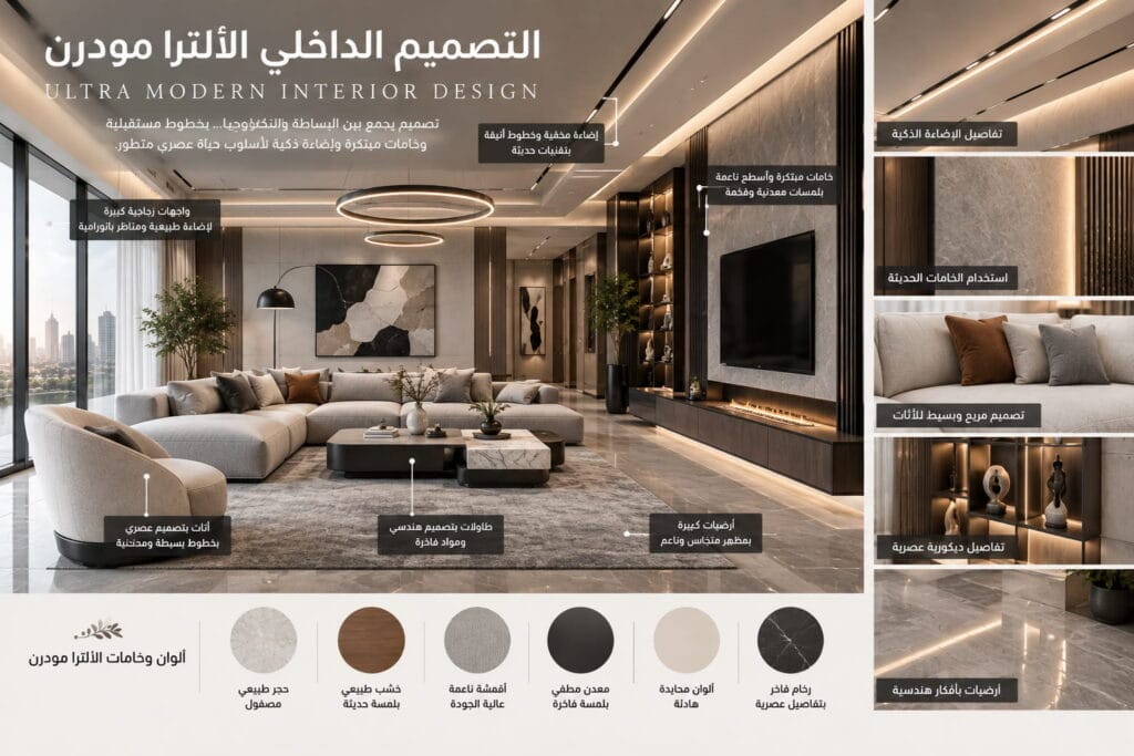 تصميم داخلي ألترا مودرن مع خامات بديل الرخام والخشب الطبيعي وإضاءة ذكية