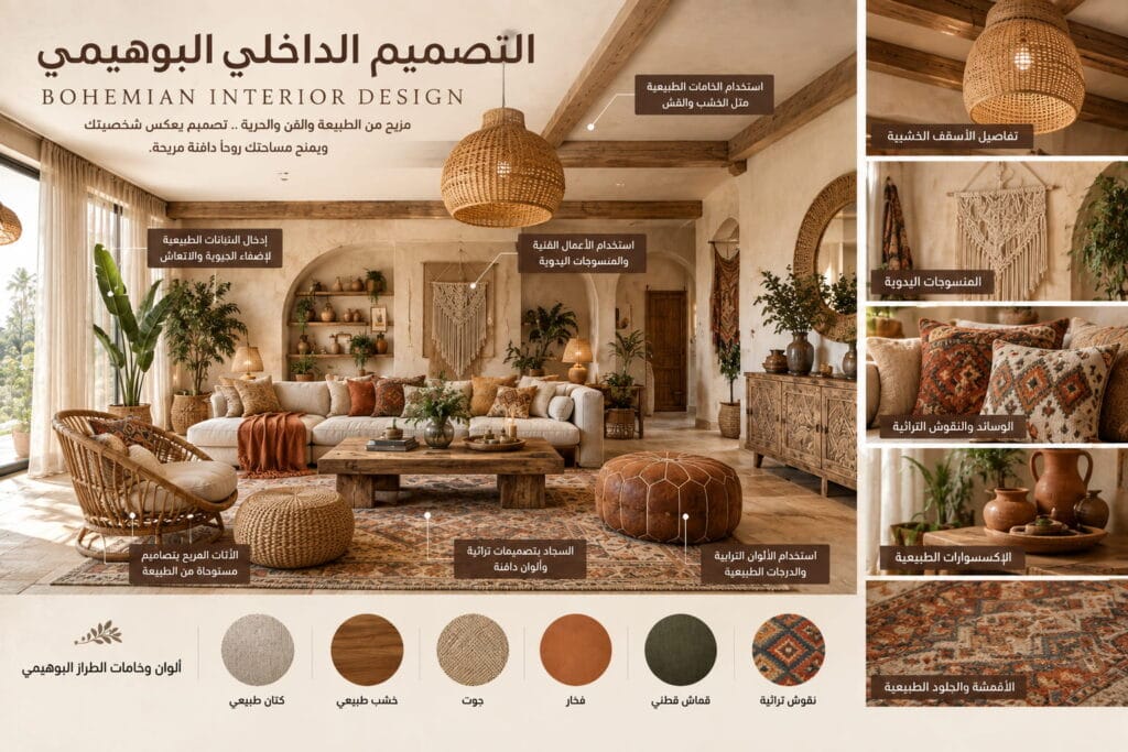 التصميم الداخلي البوهيمي وخامات الديكور الطبيعية مع ألوان وخامات البوهو شيك